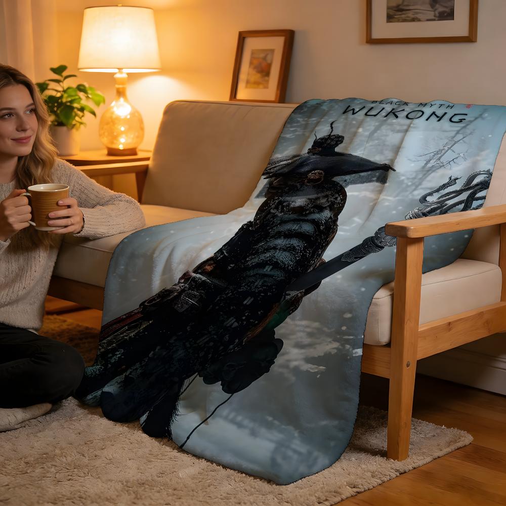 

Throw High-Density Short Plush Blanket For Sofa Nap Air-Conditioned Room Soft Skin-Friendly Black Myth Wukong 75x90cm