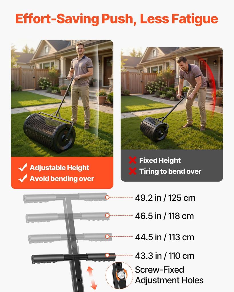 Compost Spreader, 91 Cm Wide Peat Moss Spreader with Push/Tow Handle, 4 Heights Adjustable, Powder-Coated Steel Garden Peat Moss Roller, Heavy Duty