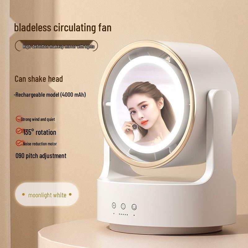 Rechargeable Mini Shaking Head Fan with Mirror & Light – USB Desktop Fan White Plug-in