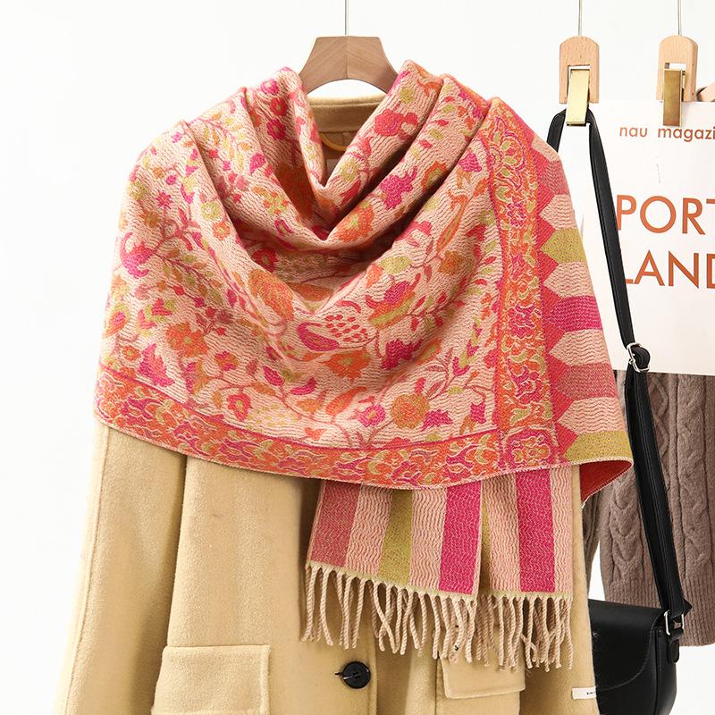 Jacquard Scarf Shawl with Decorative Imitation Cashmere Scarf for Women Winter High End New Style Thickened Ethnic Style Shawl