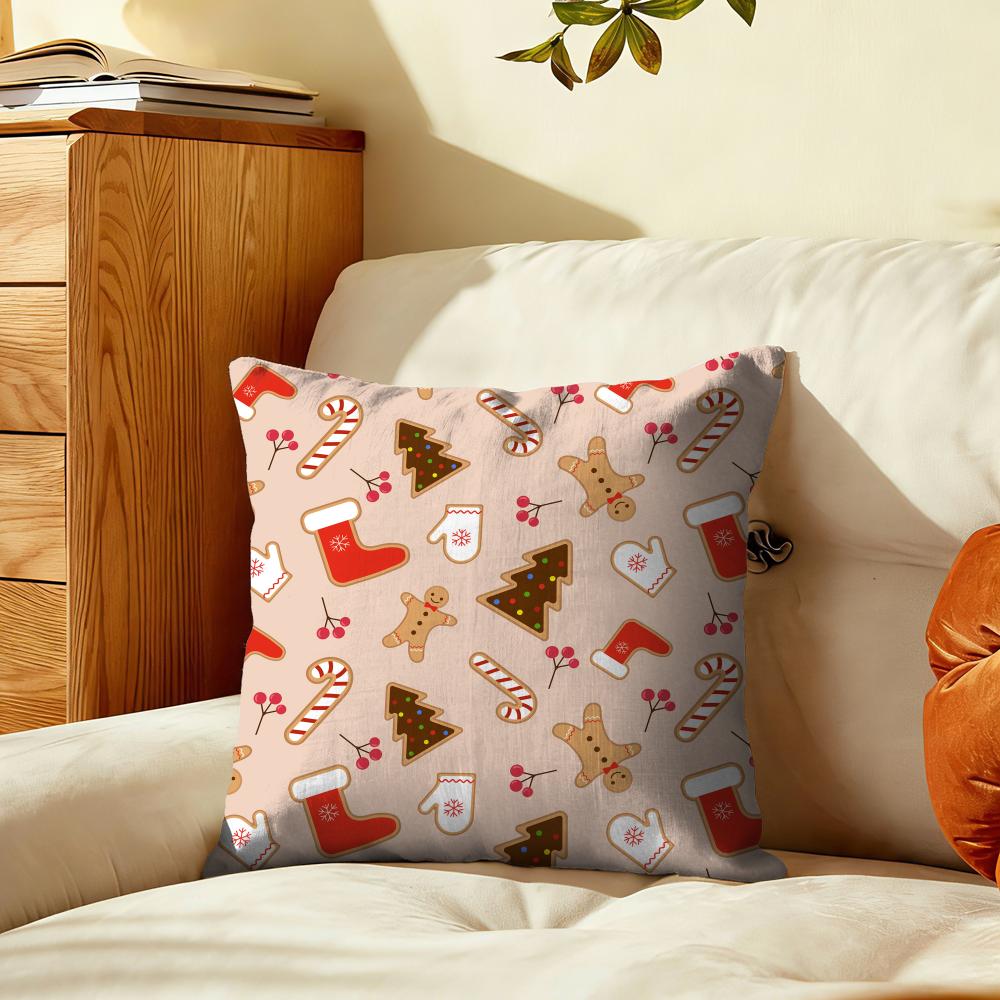 Festive Gingerbread Pattern Cushion Cover Plush Fabric Soft DoubleSided Printed Sofa Warm Winter Home Gift Pillow Cover