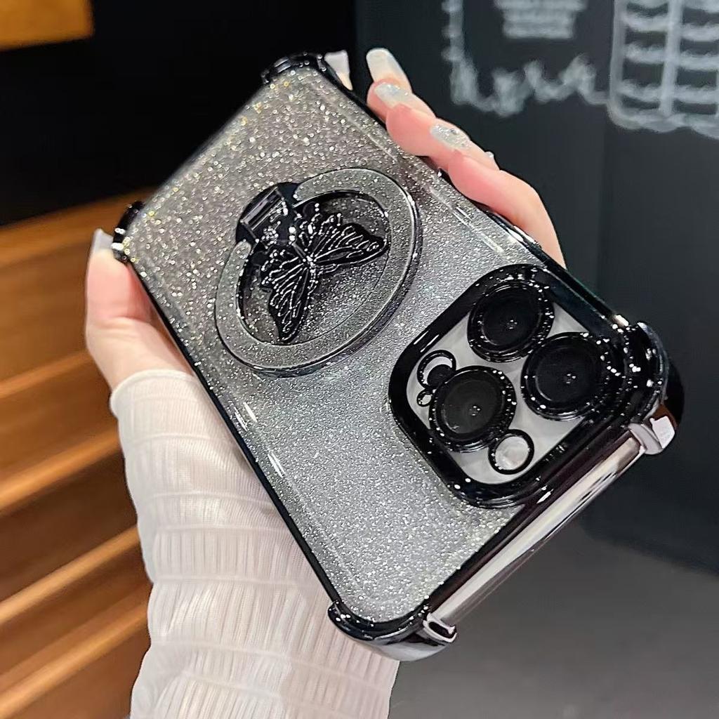Luxusní magnetický držák ve tvaru motýla s glitry, stojánek, pouzdro na telefon pro iPhone 17 11 13 14 12 15 16 Pro Max Plus 17 Air, měkký kryt s pokovením