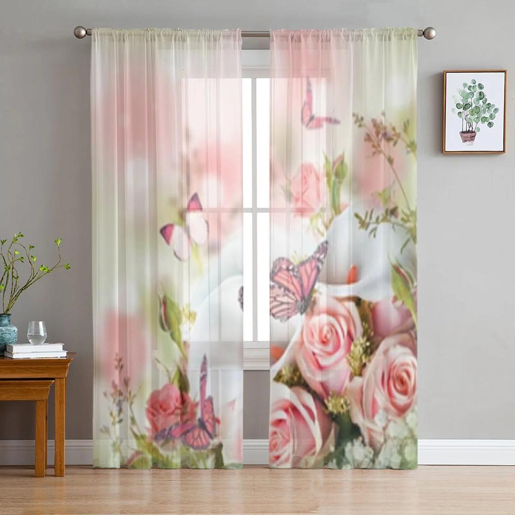 Animal Butterfly Flower Blue Rose Window Tulle Curtains For Living Room Bedroom Hotel Luxury Decoration Sheer Curtains