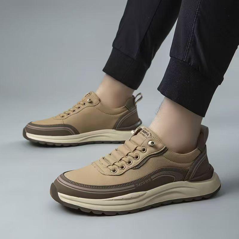 Brand Men's PU Leather Casuals Tendon Sole Lace Up Platform Work Shoes Low Top Light Non-slip Outdoor Versatile Vulcanized Shoes