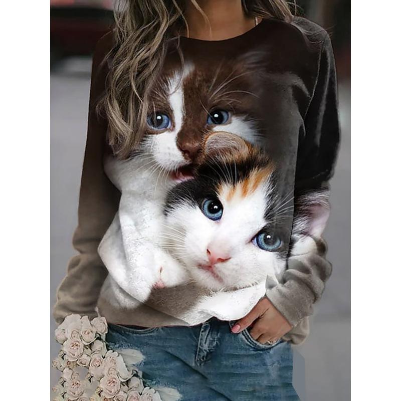 Höst 3D Katt Tryckta Sweatshirts Trendiga Casual Sport Långärmade Dam Sweatshirts