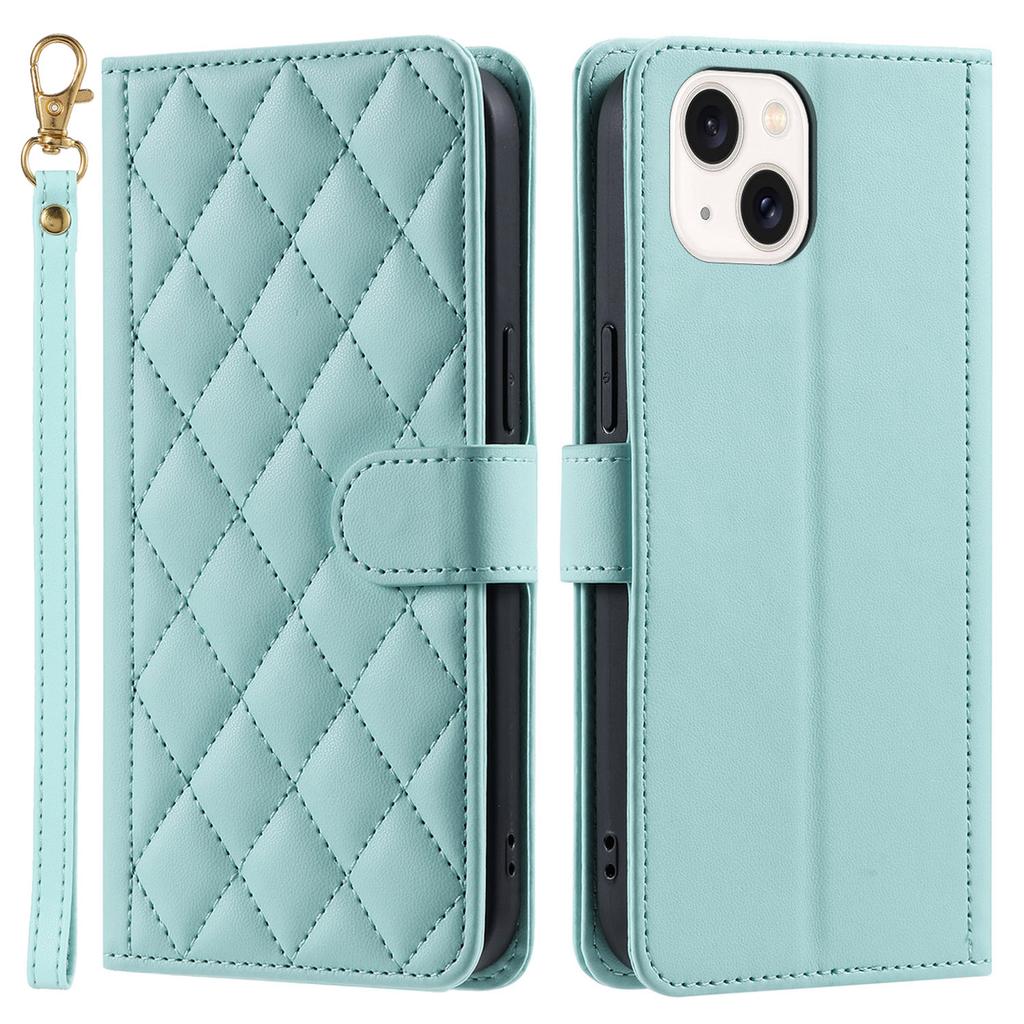 For iPhone 14 Leather Case Rhombus Grid Pattern Phone Wallet Cover