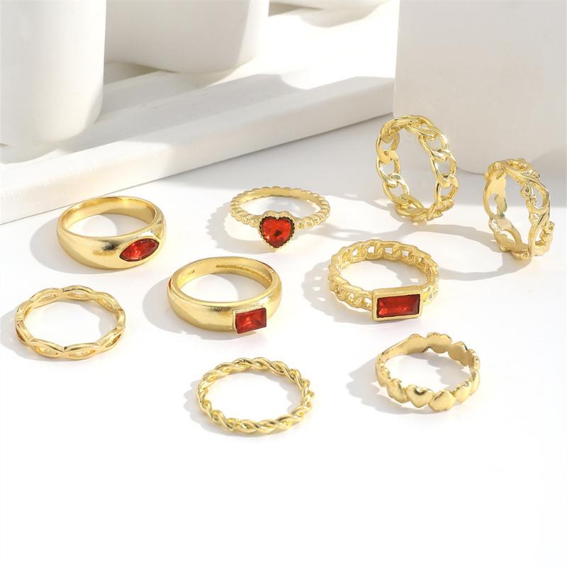 

9Pcs Bohemian Rhinestone Geometric Finger Rings Set For Women Red Crystal Heart Shaped Ring Female Party Jewelry 9pcs Set
