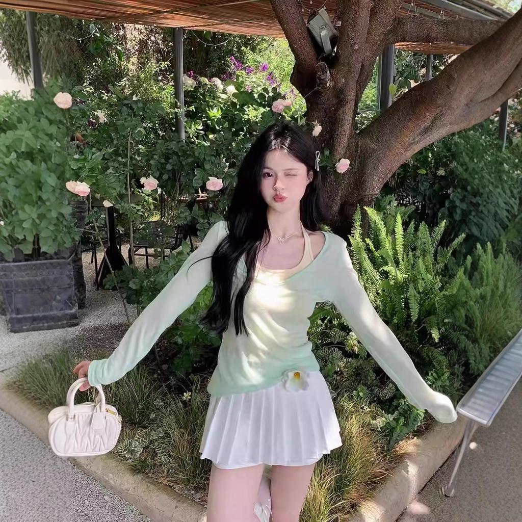 Fabric, mint green sunscreen T-shirt women's summer tulle blouse top dopamine wear versatile