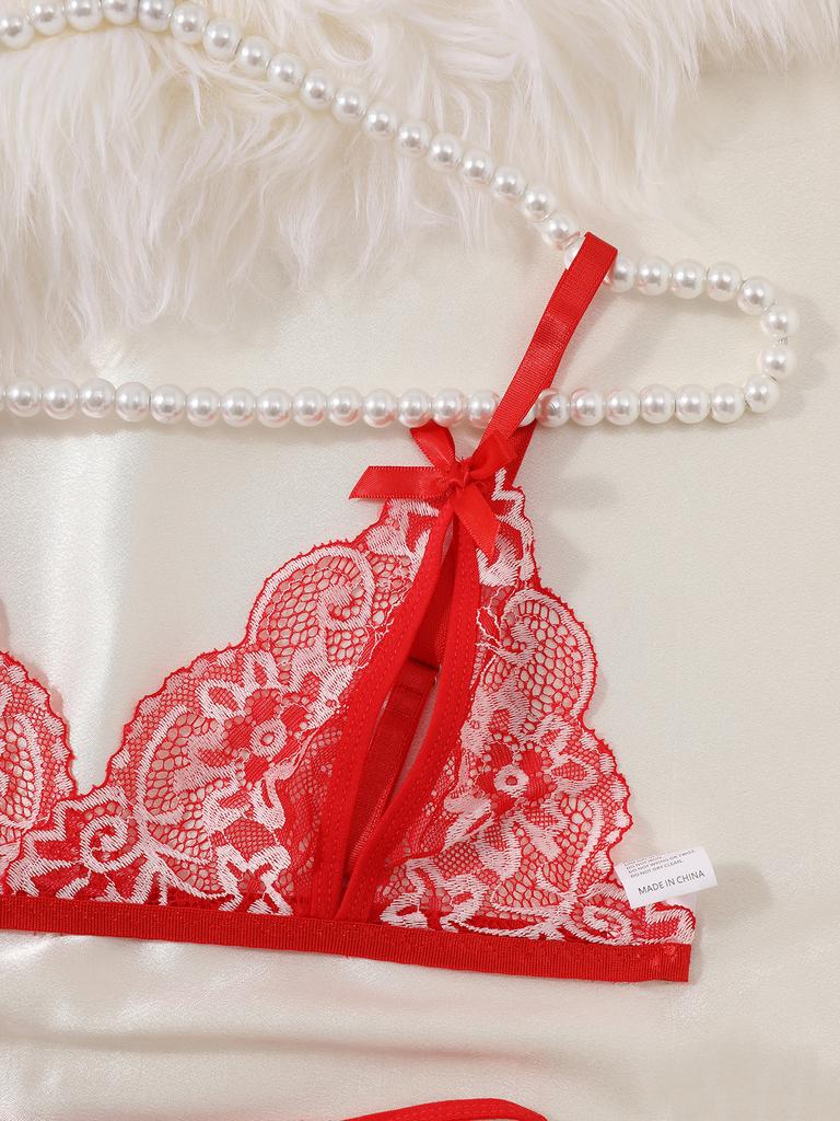 New Women Sexy Lingerie Red Bra Panties Set Cute Bow Ultrathin Lace Underwear Set Temptation Erotic  Outfits For Pretty Girls