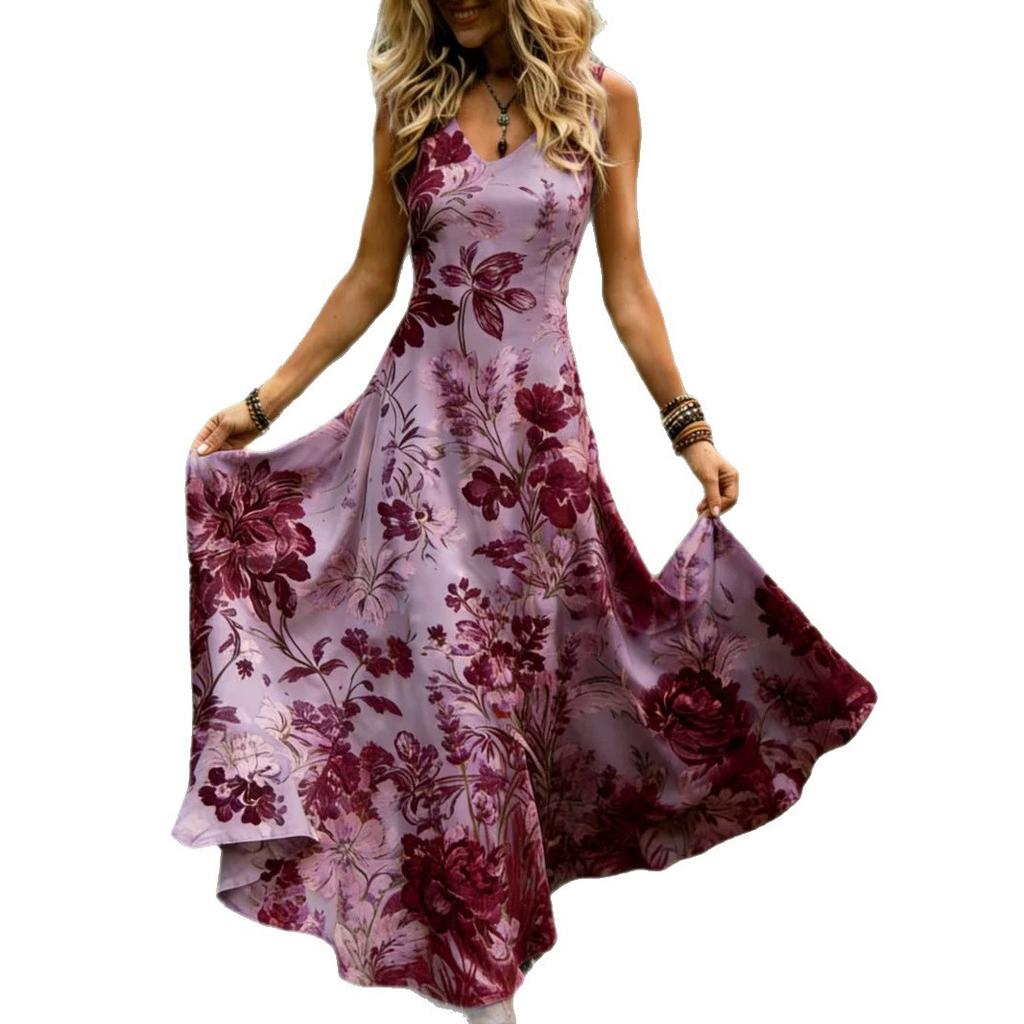 Europe, America, Amazon 3D Digital, Plus Size Printing Sleeveless V-neck Ruffle Edge Waist Long Dress
