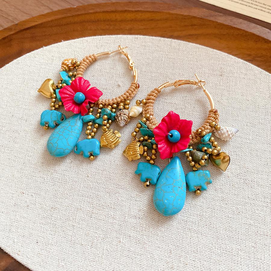 Silver needle woven flower stone fringed earrings retro ethnic style fashion earrings design sense niche versatile earrings