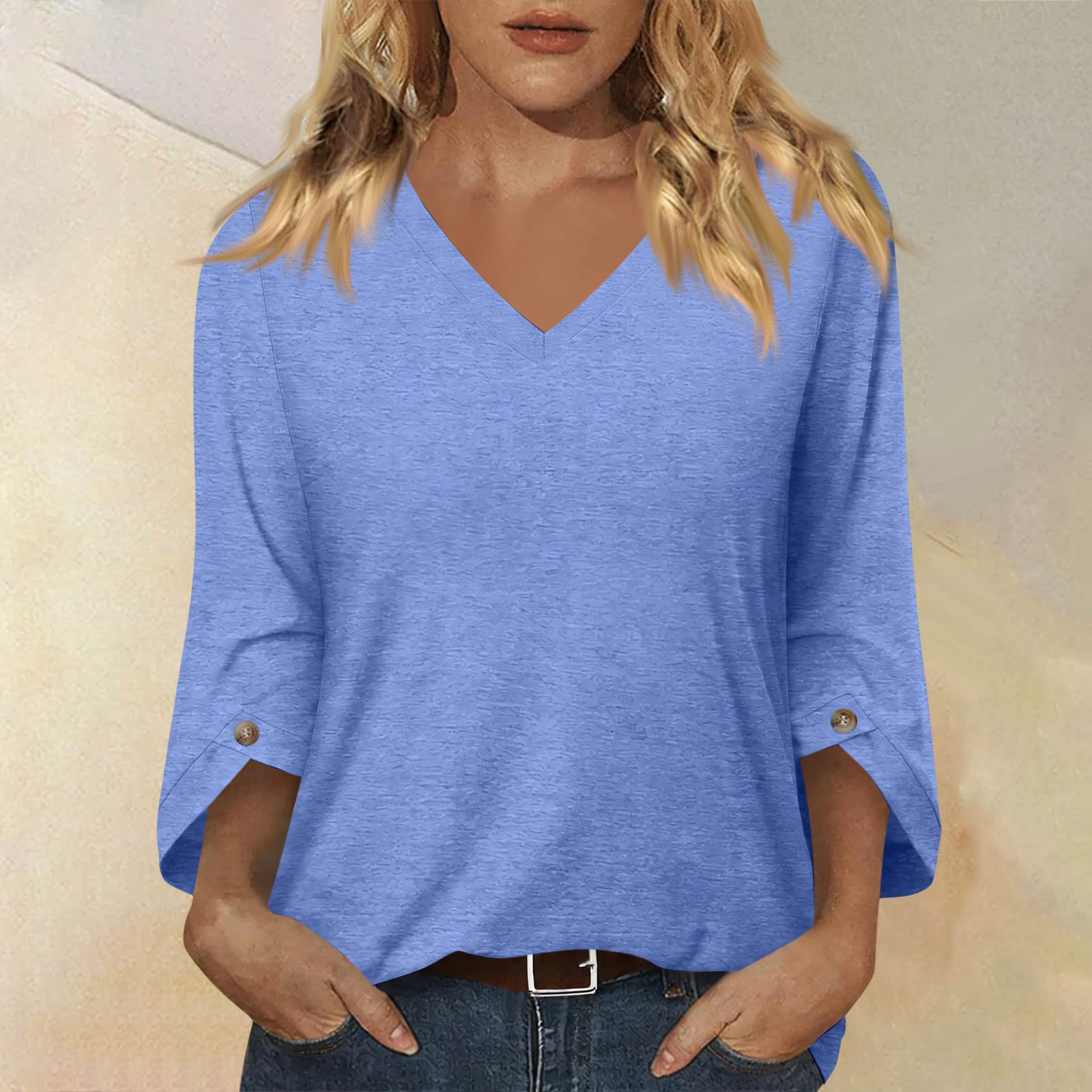 

Women s Fashionable Casual Three Quarter Sleeve -Color Collar Pullover Top XL небо синє кольору