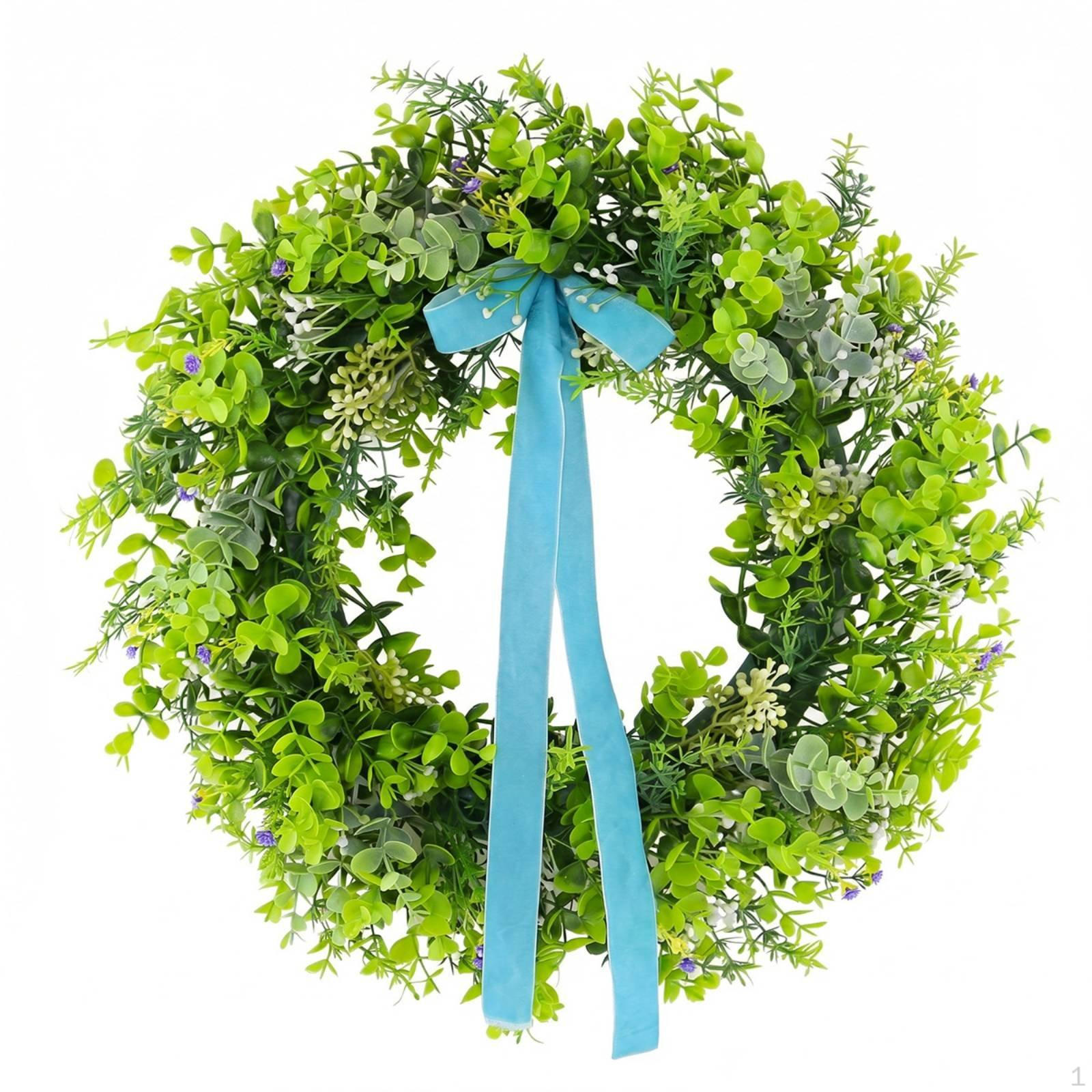 Artificial Greenery Wreath Spring Summer Fresh Green Leaves Realistic Ribbon Decorative Bow