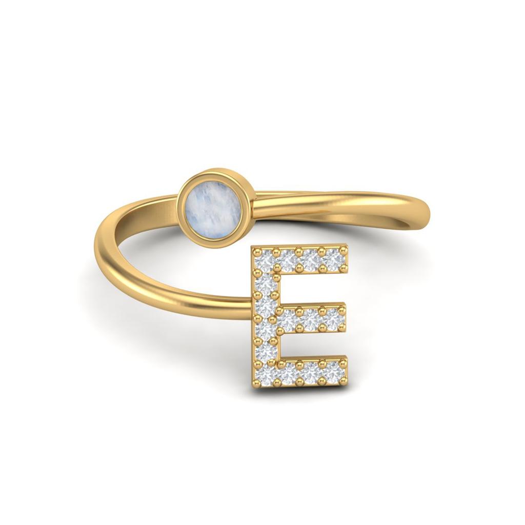 Capital E Initial Letter Moonstone Women Adjustable Front Open Ring 925 Sterling Silver Gold Vermeil