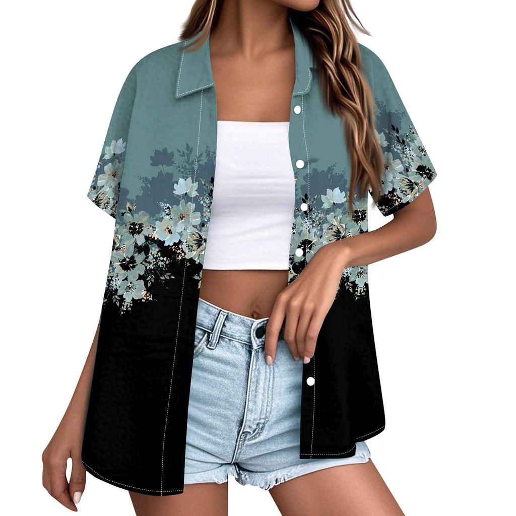 Women Casual Short Sleeve Button Down Shirt Hawaiian Print Collar Summer Beach Top Lightweight Loose Fit Blouse for Daily Wear