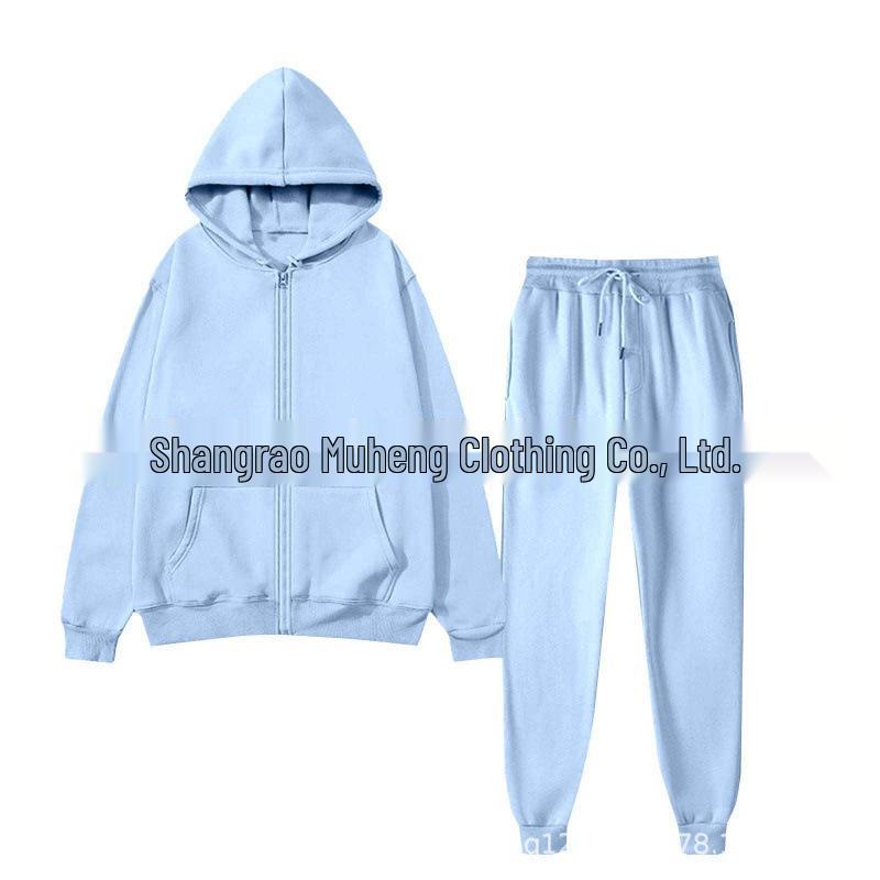 Men's Solid Color Plus Velvet Hooded Sports Set - Zipper Long Sleeve, Warm for Autumn/Winter
