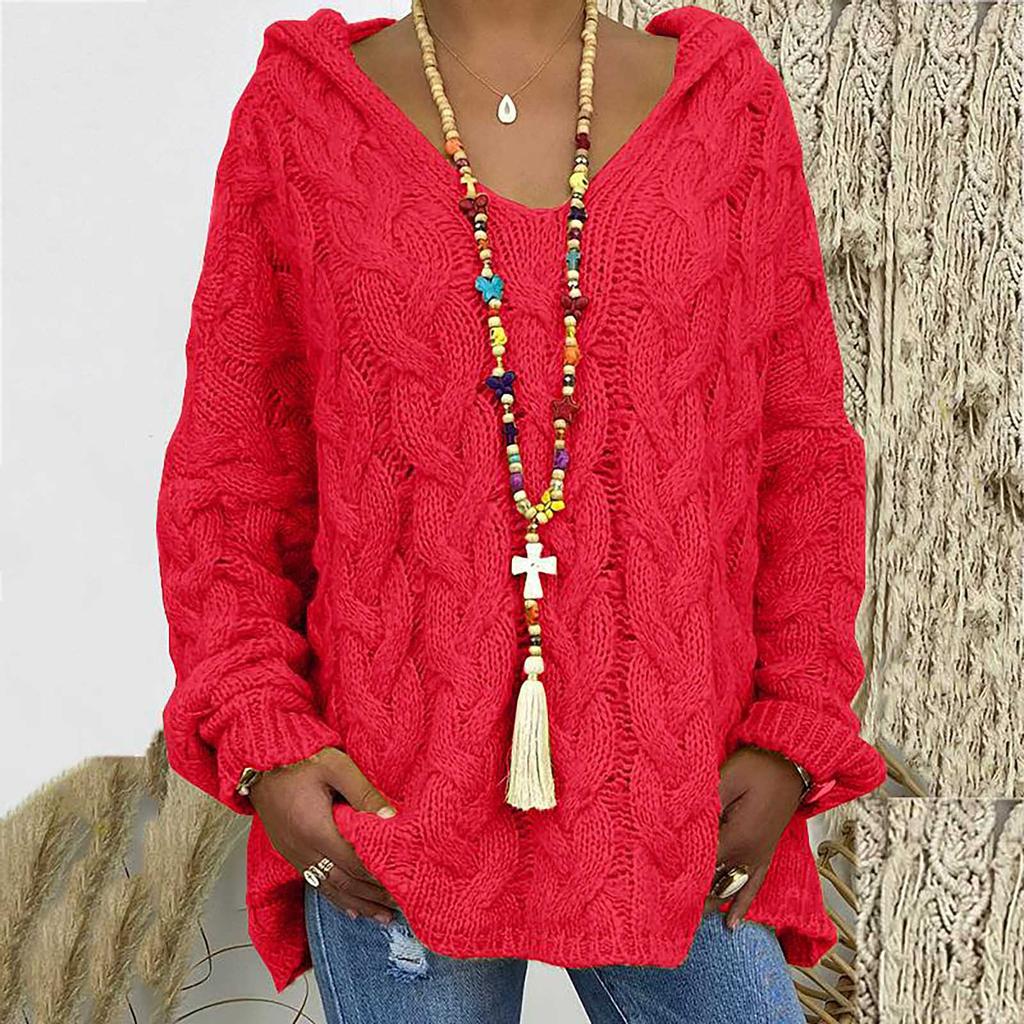 Women Fashion Loose Large Size Solid Color Hood Long Sleeves Sweater Tops