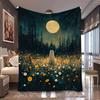 1pc Firefly Forest Full Moon Dark Scenery Print Flannel Blanket, Practical and All-season Usable, Suitable for Blankets, Kid Bed Covers, Dormitory, La