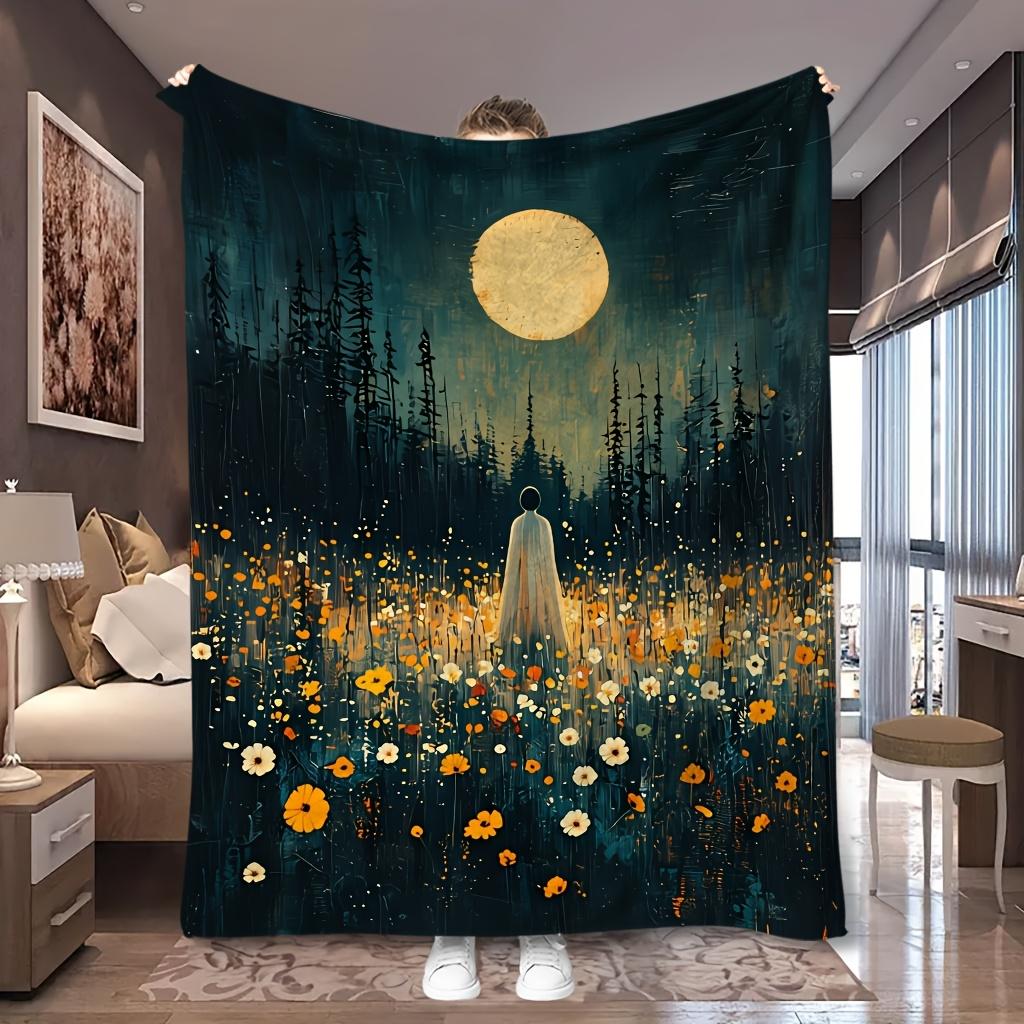 1pc Firefly Forest Full Moon Dark Scenery Print Flannel Blanket, Practical and All-season Usable, Suitable for Blankets, Kid Bed Covers, Dormitory, La