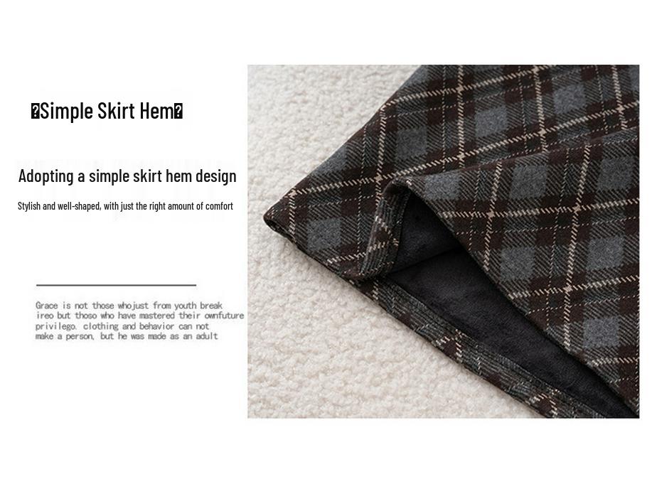 Women's Flocked Plaid Skirt 2026: Winter Elastic High Waist A-line Hip-Covering Skirt