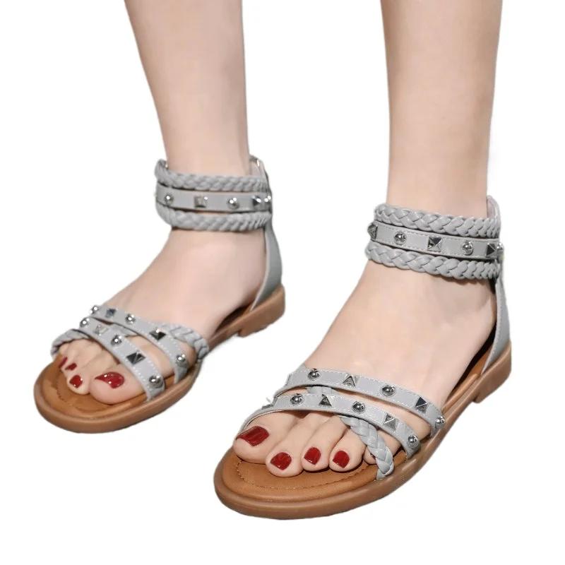 Women's Shoes 2024 Back Zipper Women's Sandals Hot Sale Rivet  Daily Sandals Women Summer Peep Toe Solid Flat Sandals