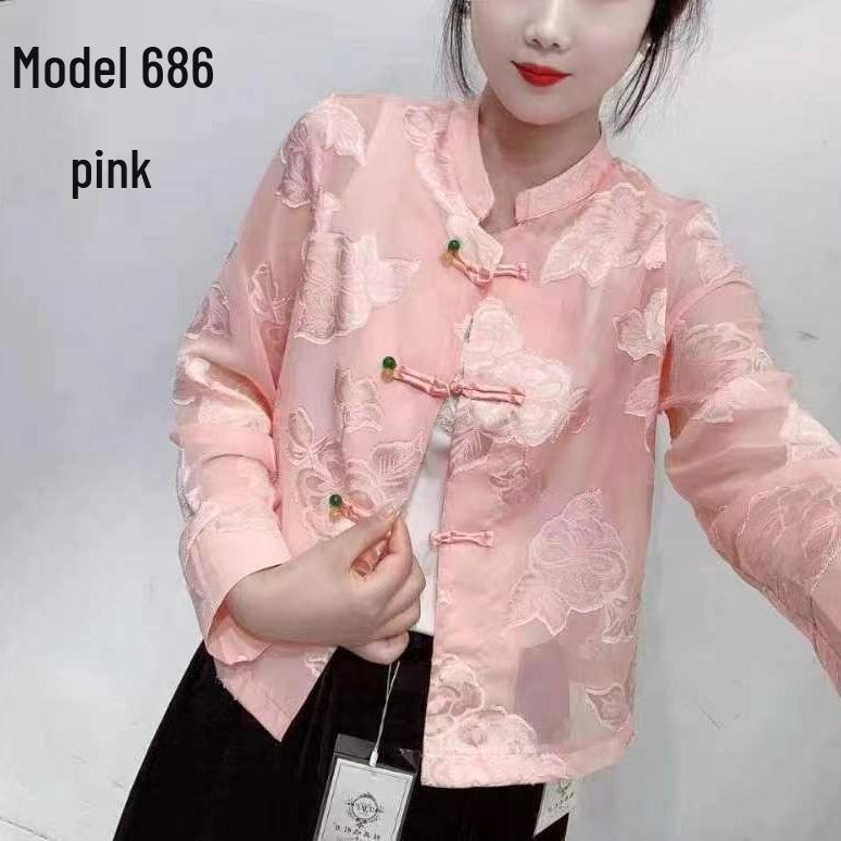 2024 Retro košile v čínském stylu žakárová: Jarní/Letní Ochrana před Sluncem Bunda s Dlouhým Rukávem