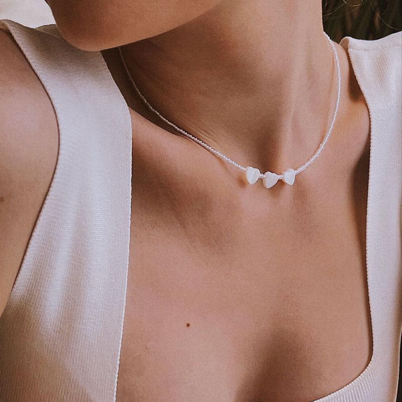 Fashion Crystal Heart Pendant Necklace For Women Boho Barlotte Imitation Pearl Chain Jewelry Valentine's Gift N526