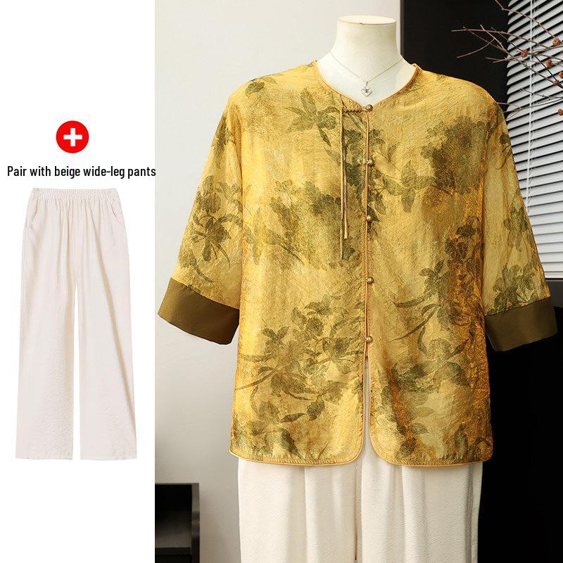 Elegant Summer Short-Sleeved Chiffon Blouse Set for Middle-Aged Women