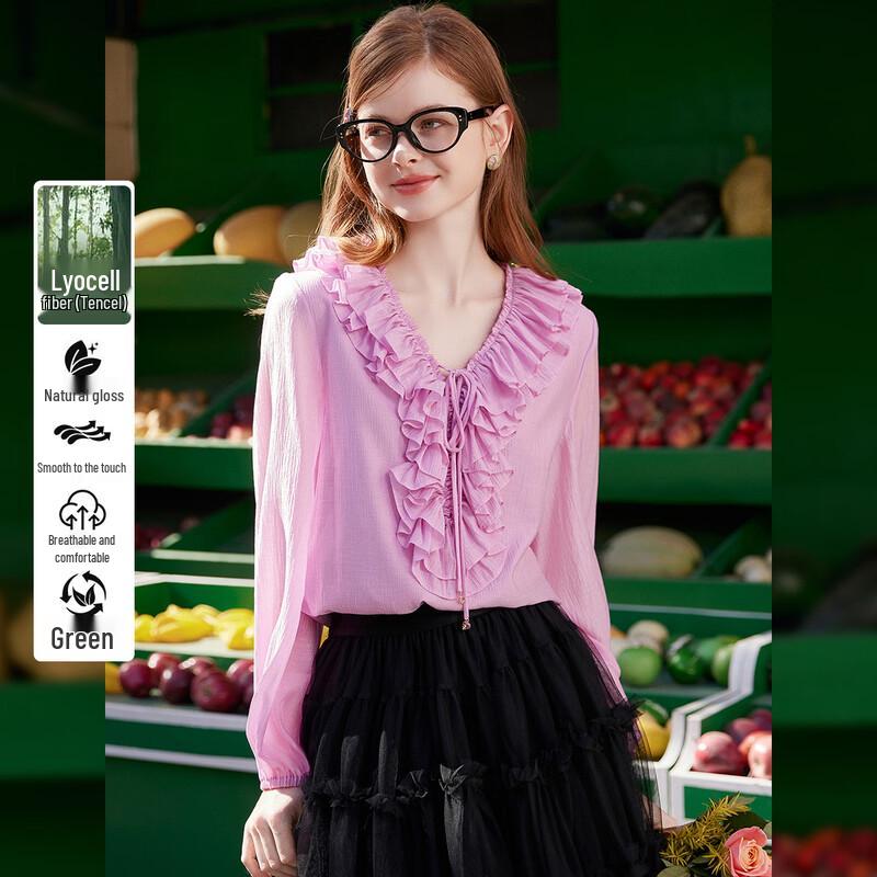 Women s Sweet V-Neck Ruffle Tie Blouse L