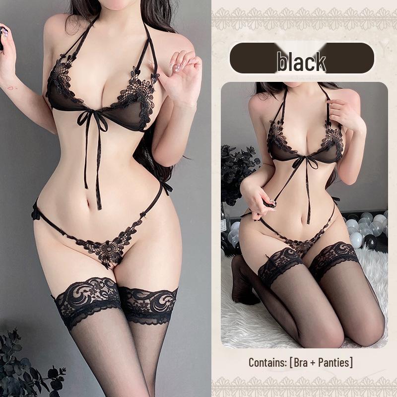 Dreiteiliges Spitzen-Dessous-Set: Verlockendes Schrittfreies Design für Kleine Brüste