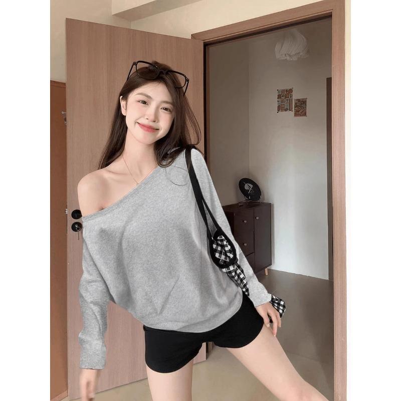 Spring pure desire one-word shoulder top women's loose lazy wind long-sleeved shirt off-the-shoulder versatile bottoming shirt