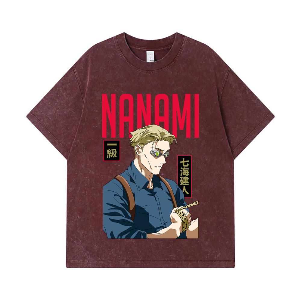 275 GSM Washed T-shirts 100% Cotton Jujutsu Kaisen V60 Nanami Print Unisex Heavy Cotton T Shirt