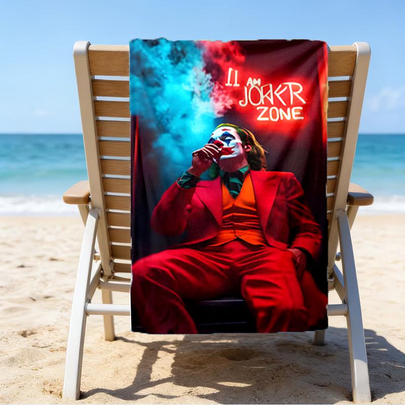 proof beach towel with a Joker character pattern - soft,absorbent,quick-drying,machine washable - perfect for swimming,camping,bathing