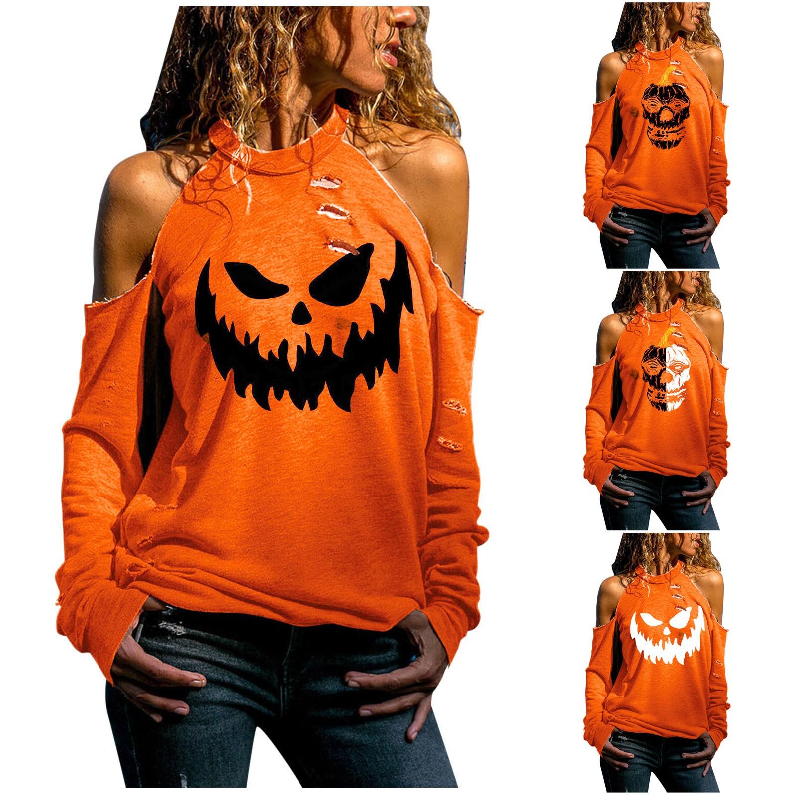 

Женская мода, повседневный топ с длинным рукавом и открытыми плечами с принтом на Хэллоуин