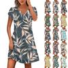 Women's Summer Button V-Neck Petal Sleeve Vintage Floral Bohemian Beach Dresses