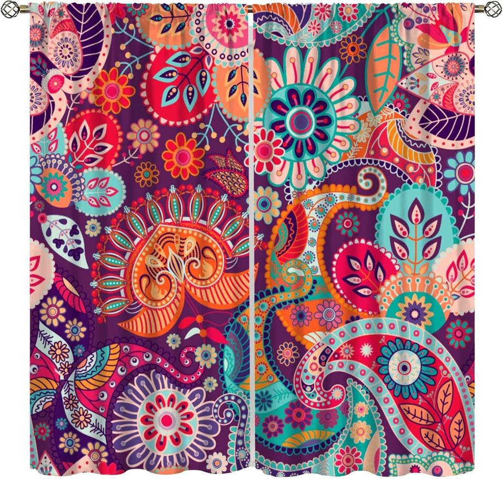Insulated Colorful Floral Curtains Vintage Tribal Ethnic Abstract Paisley Mandala Pattern Print Bedroom Curtain Boho Polyester Washable Sleeping Area