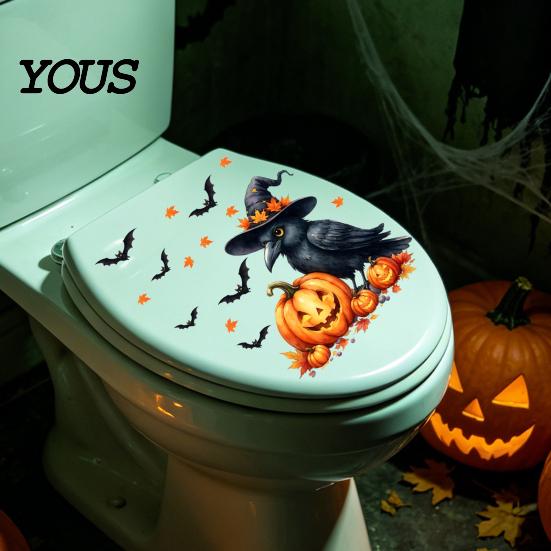 Removable Toilet Decals Halloween Decals, Cute Cartoon Bat in Suit & Black Crow with Witch Hat, Waterproof Peel-off Stickers Seat Cover Decor