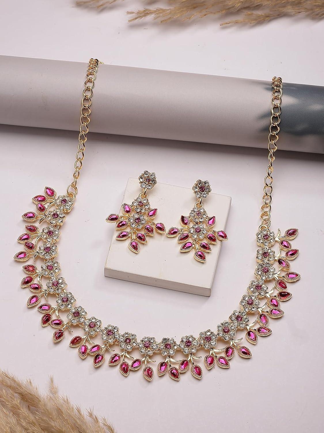 

Charming Design Gold Plated AD Stone with Floral & Leaf Shaped Choker Necklace with Dangle Earring Jewellery Set Onesize