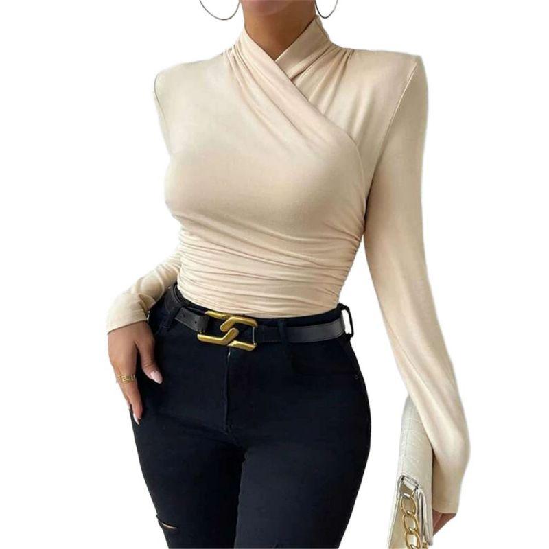 Women's Solid-Color Cross-Neck Slim-Fit Versatile Pleated T-Shirt