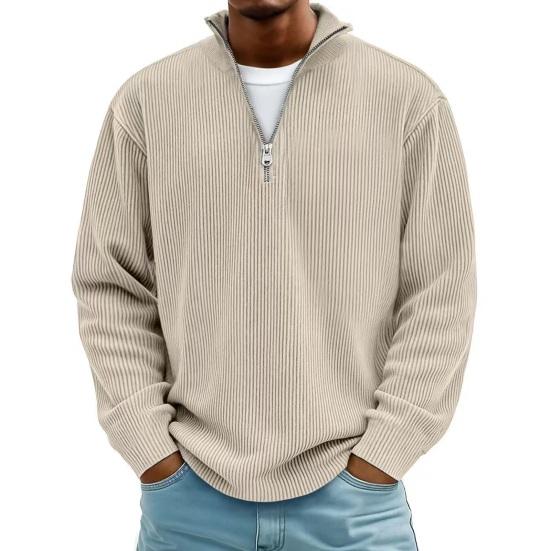Men Quarter Zip Sweatshirt Long Solid Color Ribbed Sleeve Stand Collar Top Casual Loose Pullover Shirt