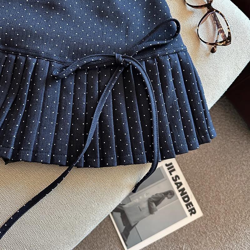 Women's Polka Dot A-Line Pleated Skirt with Bow Tie - Petite Christmas Red