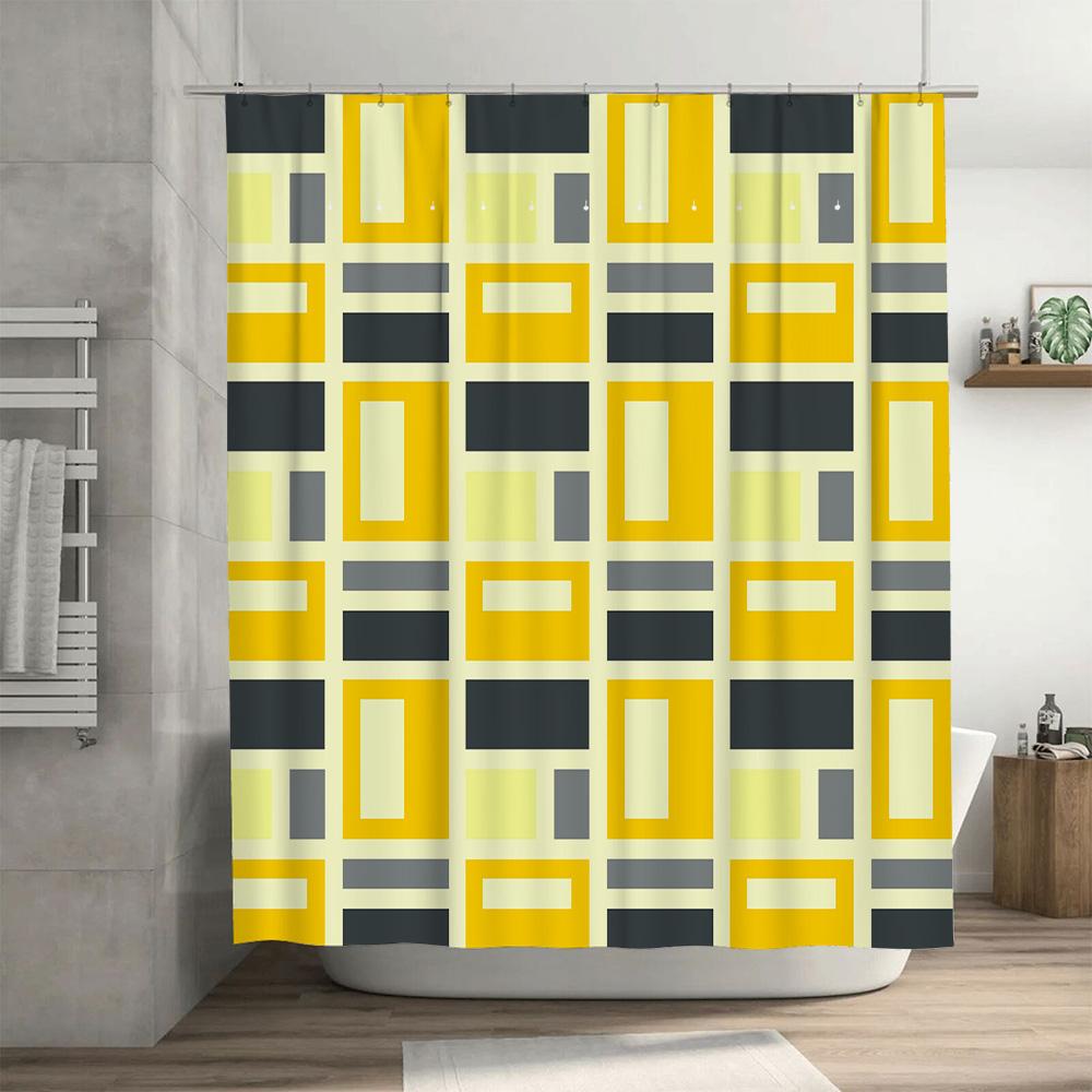Modern Geometric Shower Curtain Design Rectangular Shapes Pattern Bath Decor With Hook Set In Yellow Grey #5731468290569