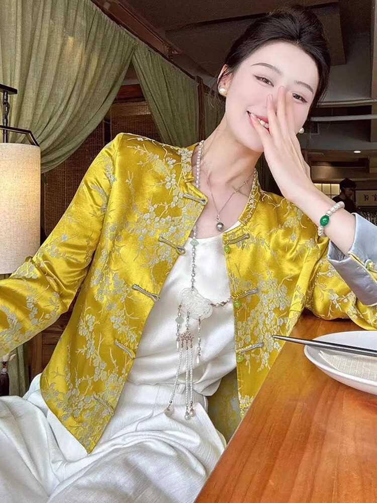 Autumn 2024 Yellow Zen Style Tang Jacket for Women