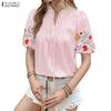 ZANZEA Women Casual V-Neck Summer Short Sleeve Embroidery Stripe Blouse