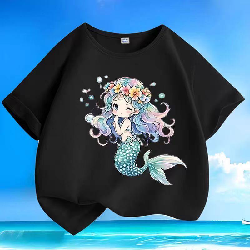 2026 Summer Girls Cartoon Mermaid Print ShortSleeved Tshirt Pure Cotton Comfortable and BreathableGirls HalfSleeve Tshirt