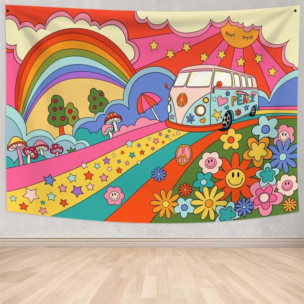 Retro 70s Tapestry Floral Pattern Rainbow Sun Landscape Abstract Art 60s Vintage Boho Home Decor Wall Hanging