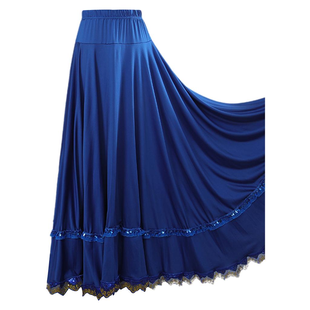 Womens Elastic High Waist Dance Skirt Full Circle Long Skirt Ruffled Lace Trim Ballroom Square Dance Flamenco Skirt