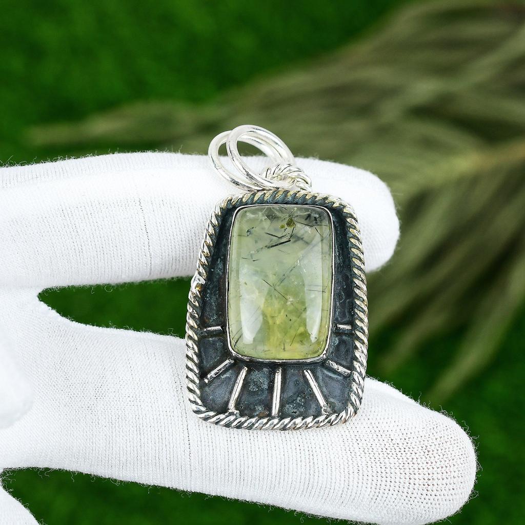 Natural Moss Prehnite Gemstone Pendant Green 925 Sterling Silver Indian Jewelry