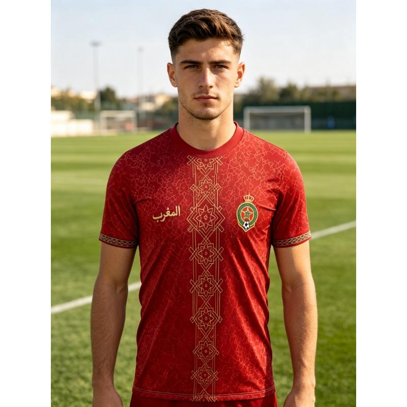 Morocco themed football jersey, emblem & Arabic text, cracked texture, moisture‑wicking fabric, athletic fit