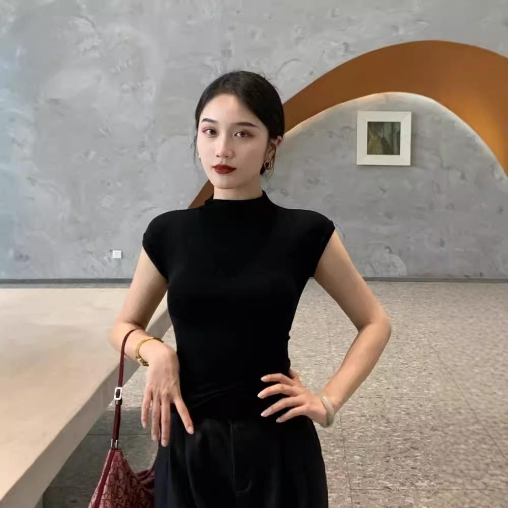 A Cold Semi-turtleneck Black Modal Short-sleeved T-shirt Women's Summer Shoulder High-end Short Top